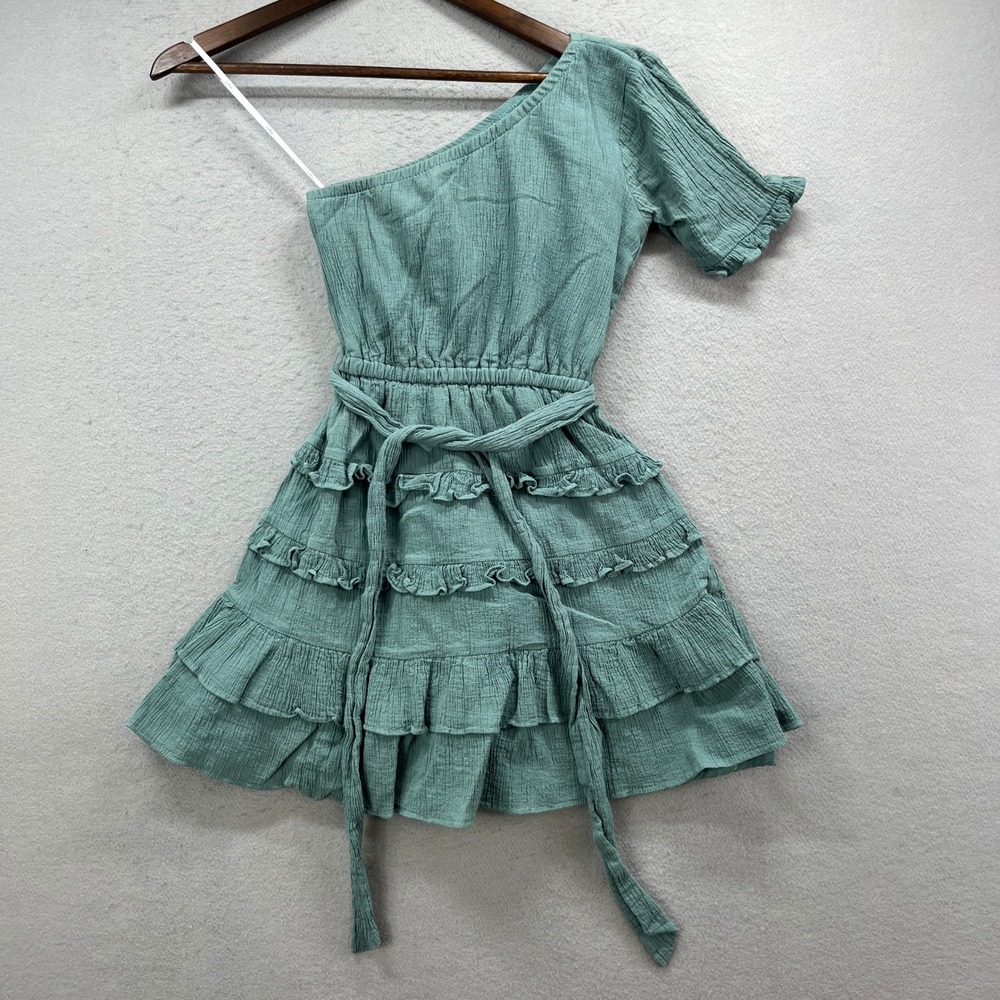 Lulus Mini Dress Womens XS Sage Green One Shoulder Tiered Ruffle Boho Party